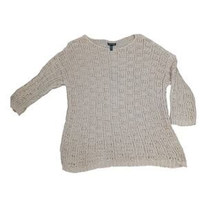 Eileen Fisher Women’s Sweater L Beige Organic Cotton Linen Knit 3/4 Sleeve Lagom